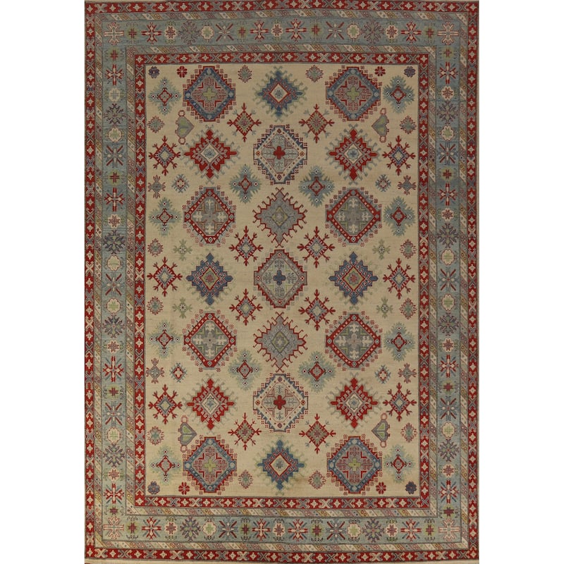 Hand Knotted Oriental 100% Wool Carpet Traditional Geometric Beige & Ivories Kazak Area Rug - 11' 11'' X 8' 10''