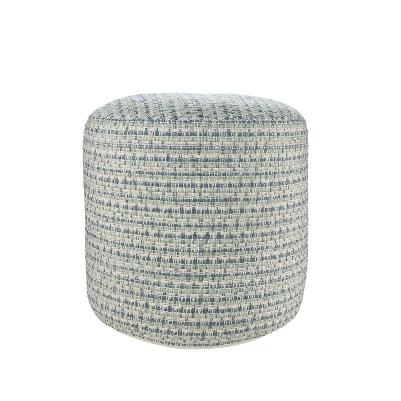 20" Blue and Green Interwoven Coastal Round Outdoor Patio Pouf Ottoman