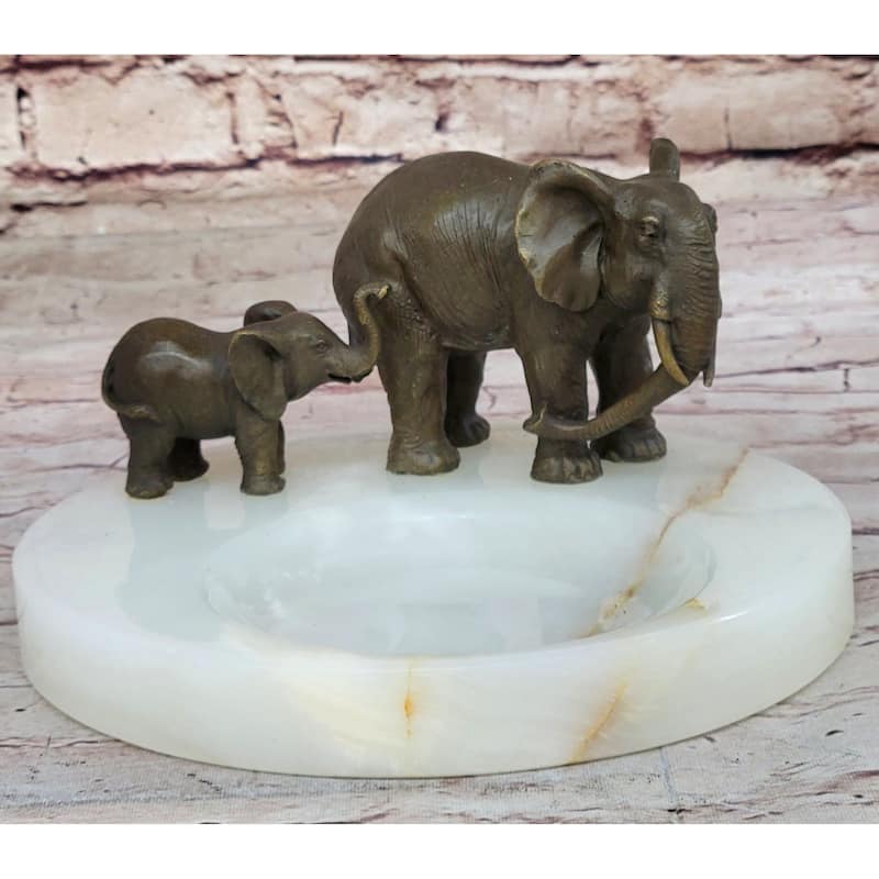 Bronze Metal Imitative Elephant Mother Calf On Marble Soap Dish Ashtray