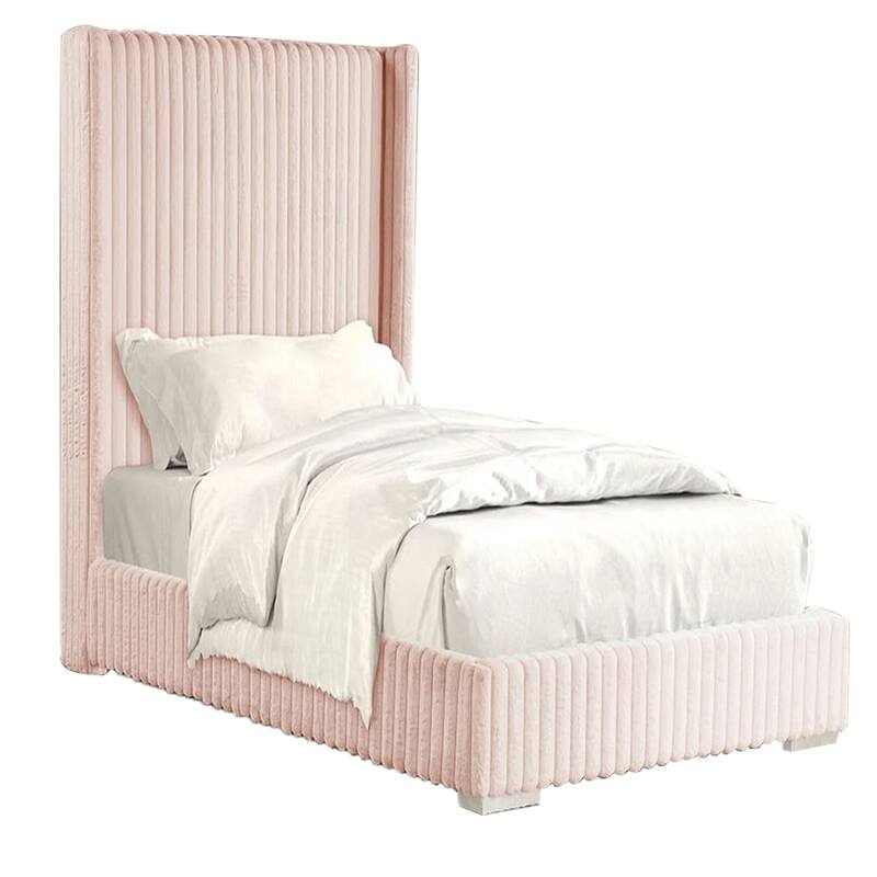 Wolo Twin Size Bed, Pink Channel Tufted Fur Chenille Upholstery