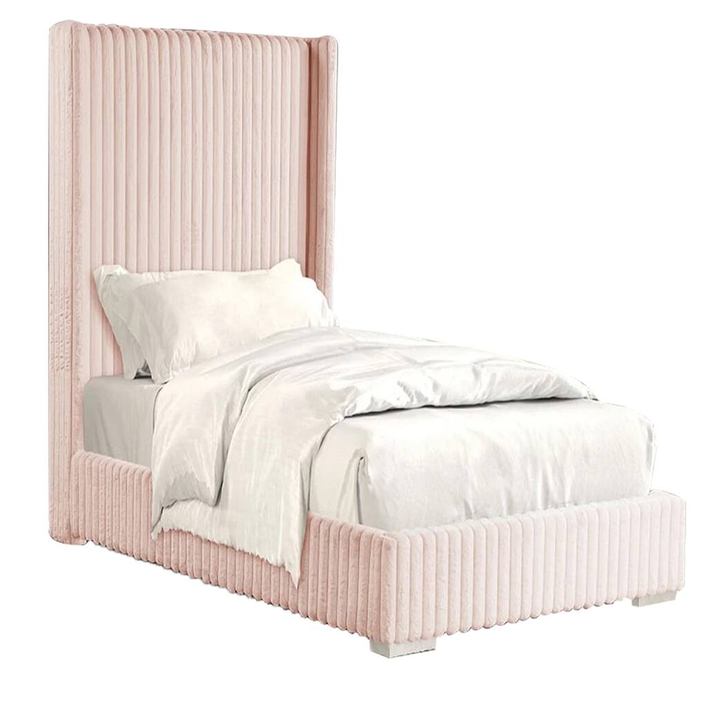 Wolo Twin Size Bed, Pink Channel Tufted Fur Chenille Upholstery