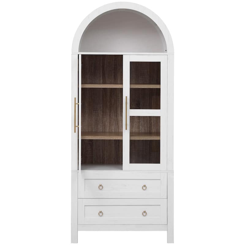 71"Tall Arched Kitchen Pantry Cabinet with 2 Large Drawers,Storage Cabinets with Adjustable Shelves,Glass Door,Wood Cupboard