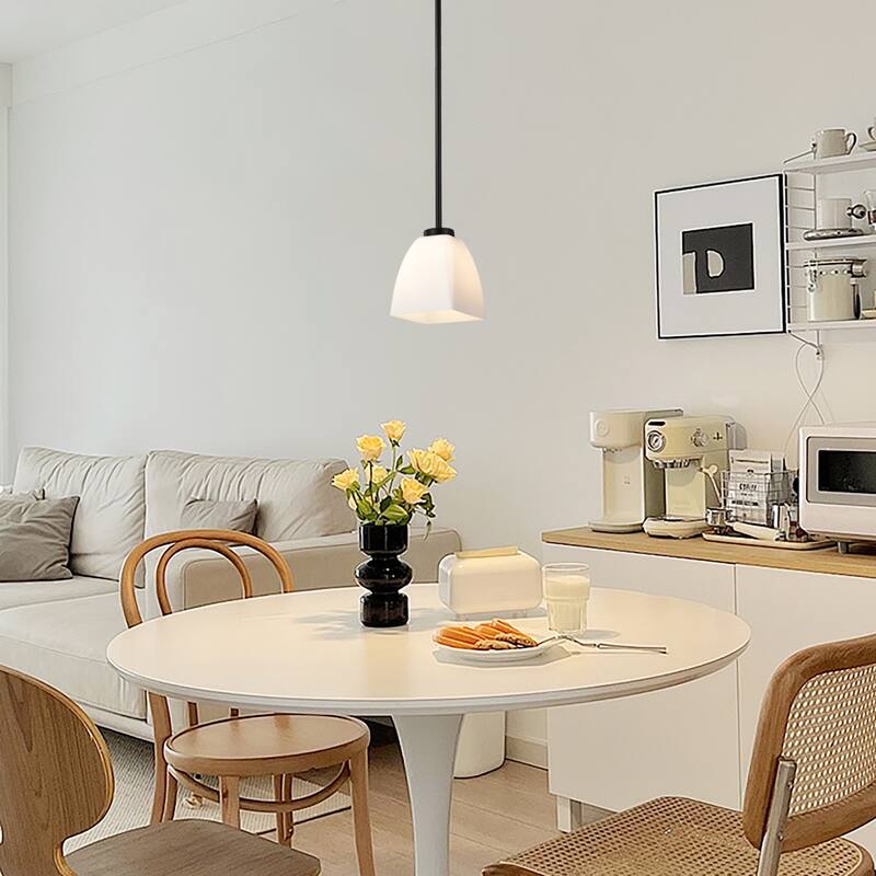 1-Light Matte Black Mini Pendant with Pyramid Shaped Etched White Glass Shade