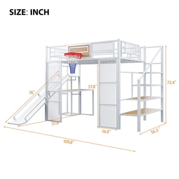 dimension image slide 0 of 2, Full Size Metl Loft Bed with Open Wardrobe, Slide and Bulit-in Desk, Kids Loft Bedframe with Basketball Hoop and Storage Shelves