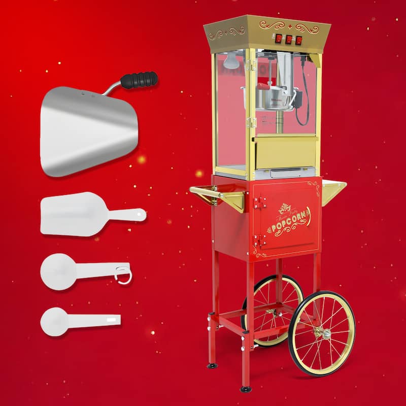 12oz Popcorn Machine Cart, Popcorn Cart with Wheels, Vintage Popcorn Machine with Stainless Steel Kettle