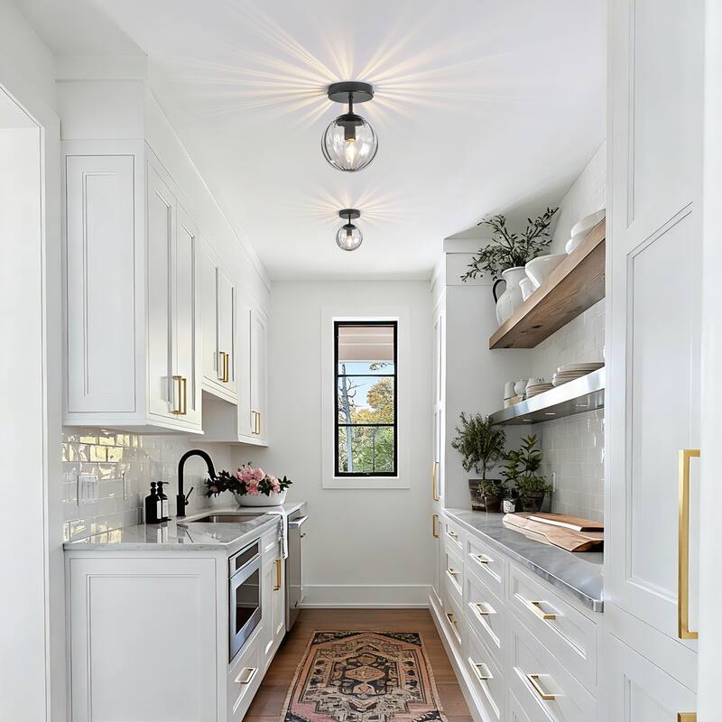 Modern Single Semi Flush Ceiling Light with Metal Base & Ribbed Gray Glass Globe Shade