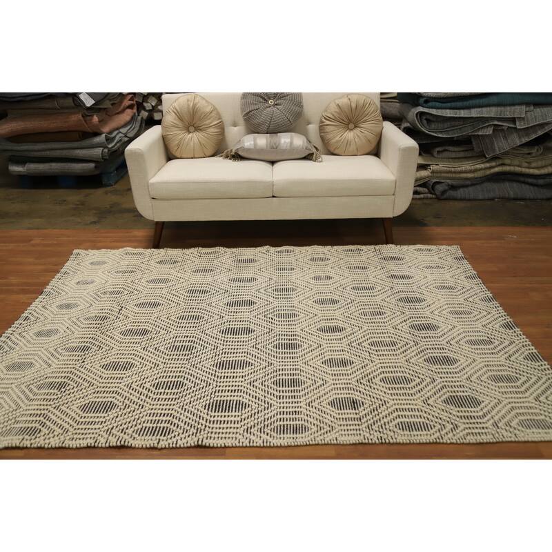 Hand Knotted Oriental 100% Wool Carpet Modern Geometric Beige & Ivories Modern Gotti Design Area Rug - 7' 5'' X 5' 3''