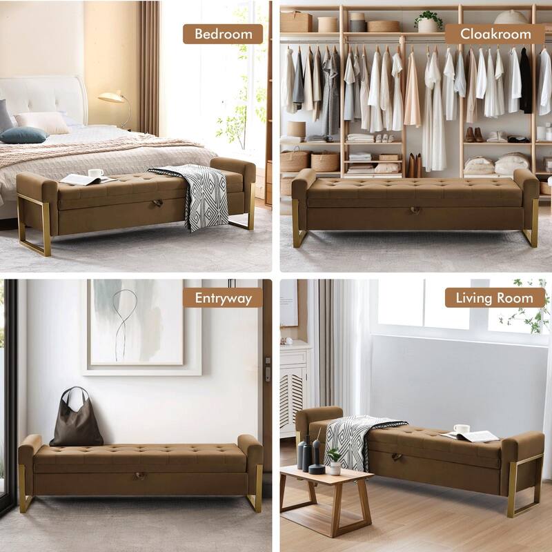 66" Storage Bench for Bedroom End of Bed with Single Lids and Gold Legs