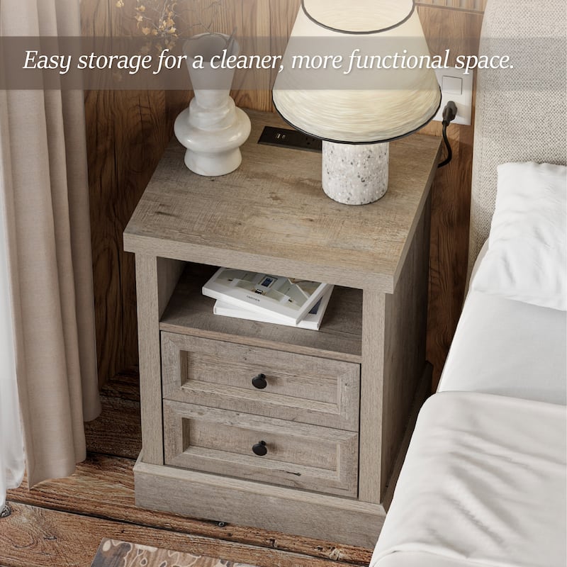 COZAYH Farmhouse Nightstand with Charging Station, Vintage Bedside Table Featuring Outlet & USB Ports, 2 Drawers and Open Shelf