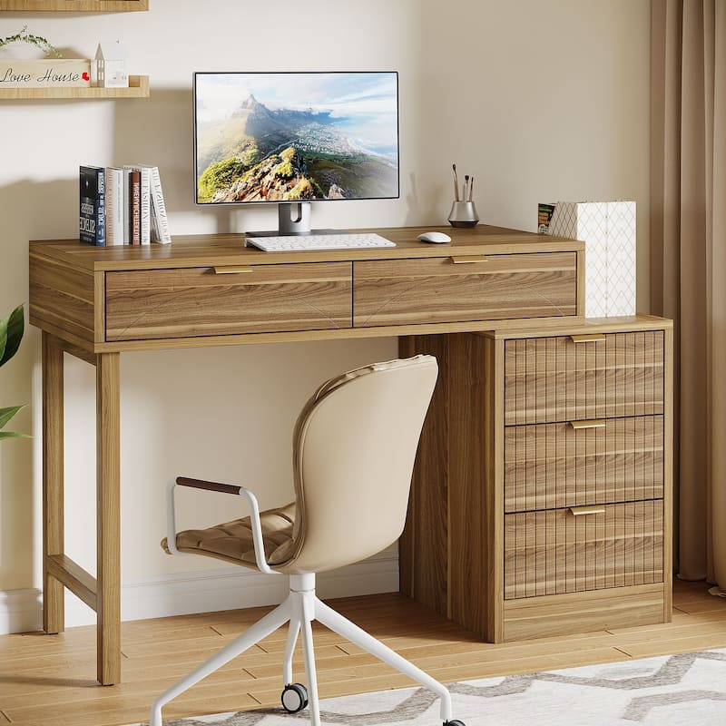 Modern Wood Computer Desk with 5-drawer for Home Office - Brown