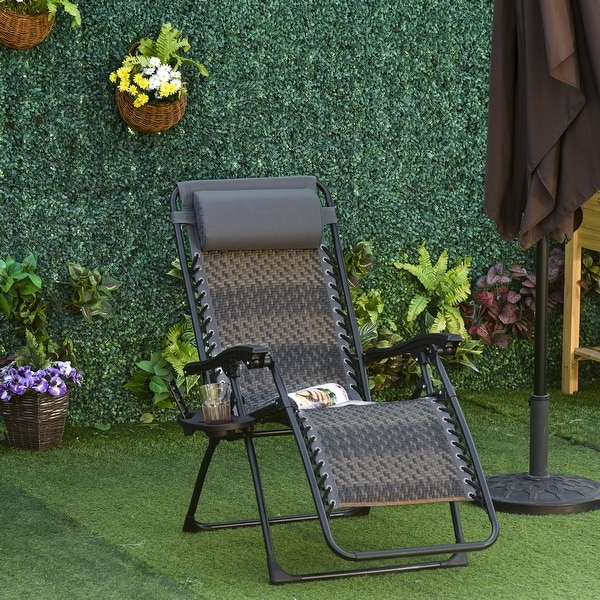 Outsunny PE Rattan Zero Gravity Folding Lounge Chair with Headrest, Cup & Phone Holders for Garden, Balcony, Deck, Grey. Opens flyout.