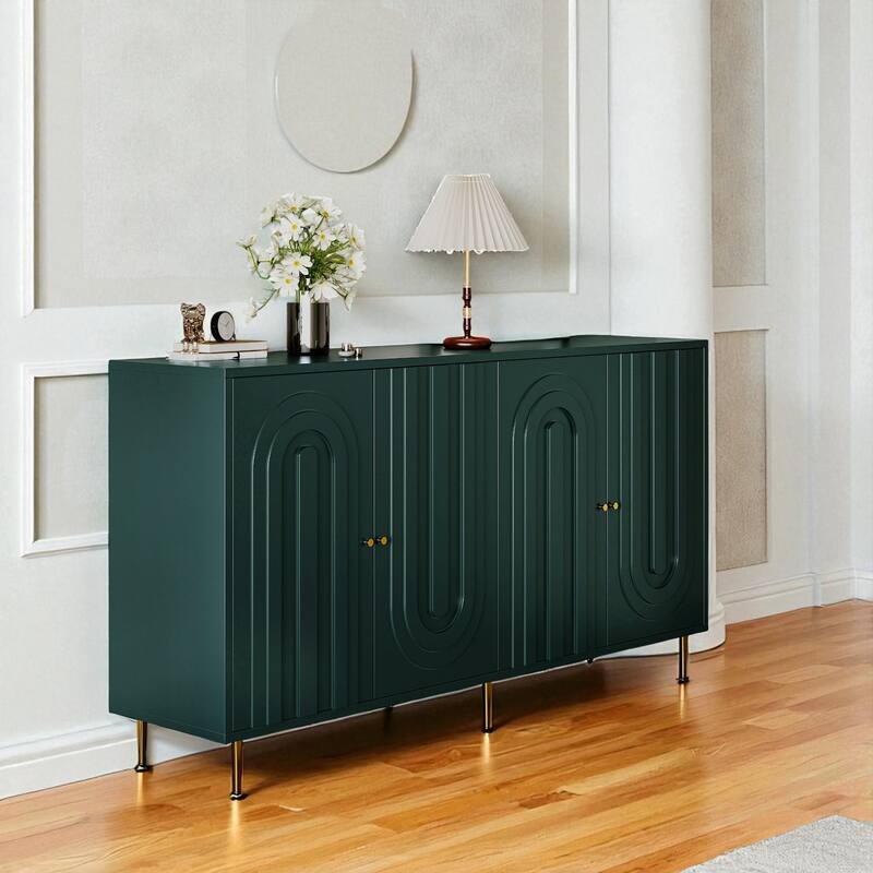 Modern Lacquered 4-Door Sideboard Buffet Cabinet with Adjustable Shelves and Gold Metal Legs, MDF Storage Cabinet.