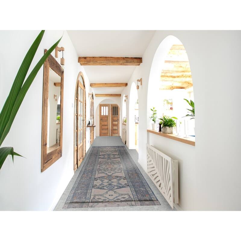 Hand Knotted Oriental 100% Wool Carpet Transitional Geometric Beige & Ivories Oushak Runner Rug - 14' 11'' X 3' 2''