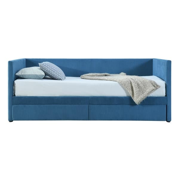 slide 2 of 9, Twin Size Blue Corduroy Accent Daybed Sofa Bed Dual Storage Drawers & Wood Slat Modern Design Blue