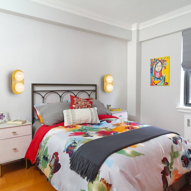 2-Light Textured Gold Metal Wall Sconce Frosted Crackled Glass Globe