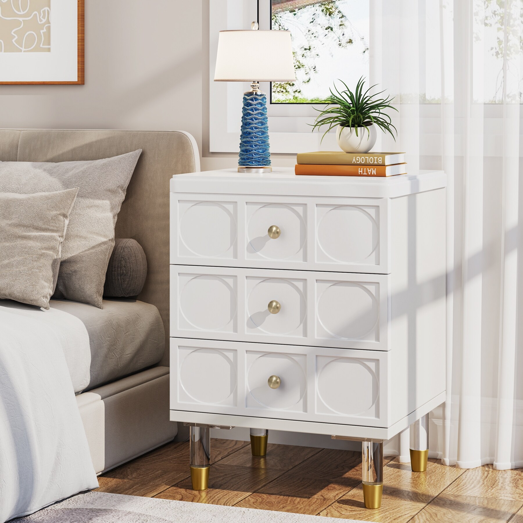 3 Drawer Nightstand Bedside Table Bedroom Tall Night Stands with White and Gold finish Sofa End Table with Storage