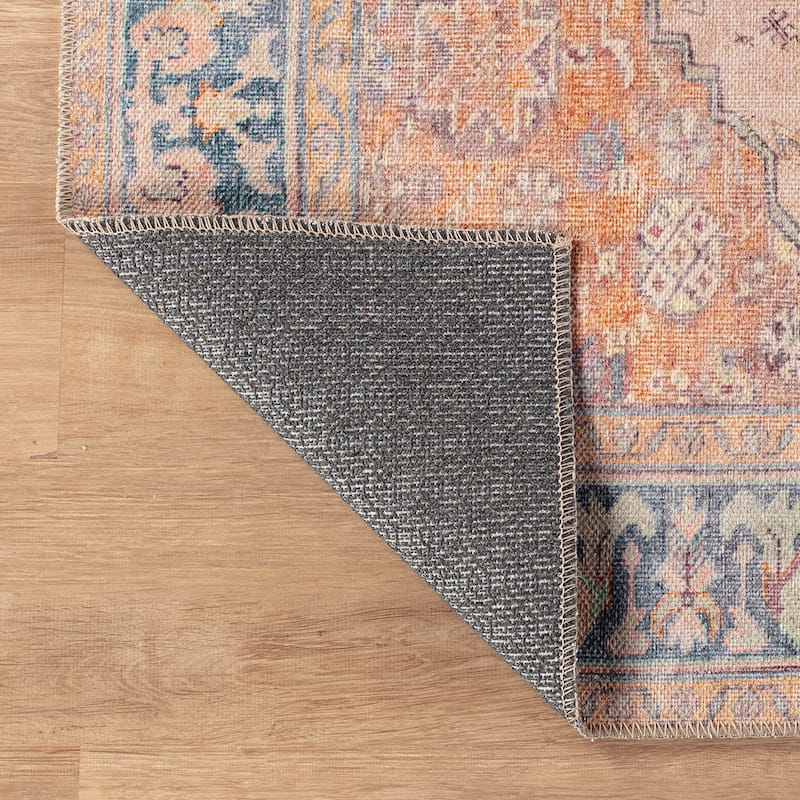 Beige Medallion Flat Pile Washable Rug - Pet Friendly, Non-Slip for Entryway and Bedroom