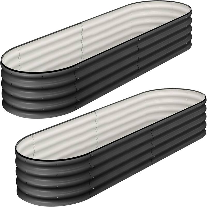 2-Pack Galvanized Steel Oval Raised Garden Beds (4.5x2x1.5FT) - Large Metal Planter Box with Open Base Off-White - Grey