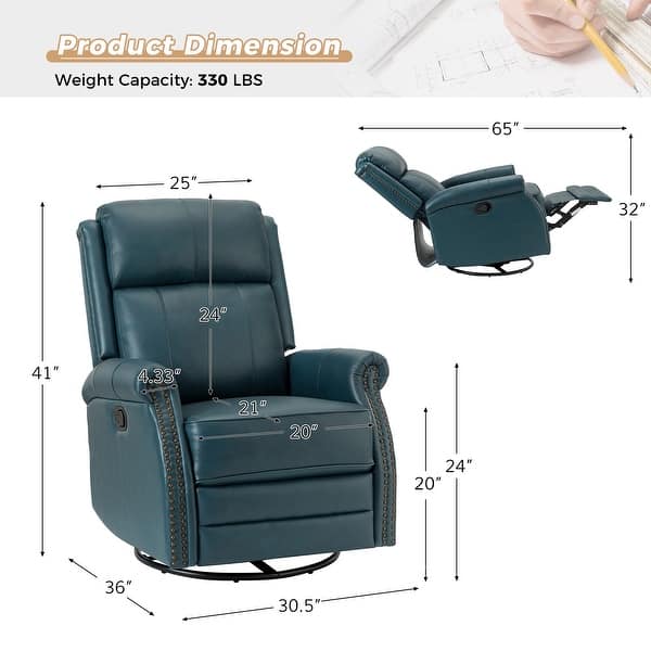 dimension image slide 4 of 5, Alina Modern 20''w Genuine Leather Swivel Rocker Nursery Manual Recliner Chair with Rolled Arms by HULALA HOME