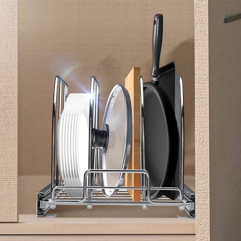 Chrome Plated Carbon Steel Expandable Pan and Pot Rack Tray Organization with 3-Section Ball-Bearing System