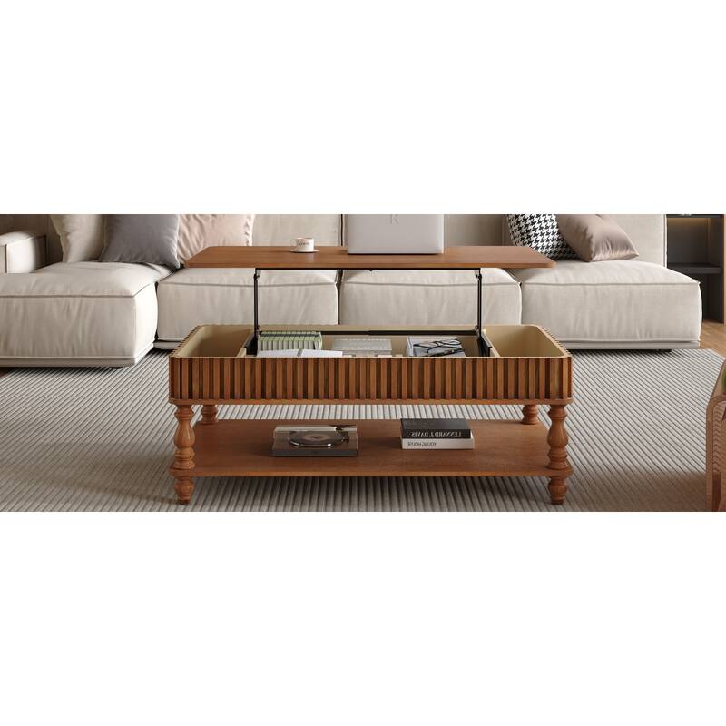 47.24" Lift Top Coffee Table with Storage, Solid Wood Black Finish & Fluted Roman Columns, Modern Lift-Top Desk