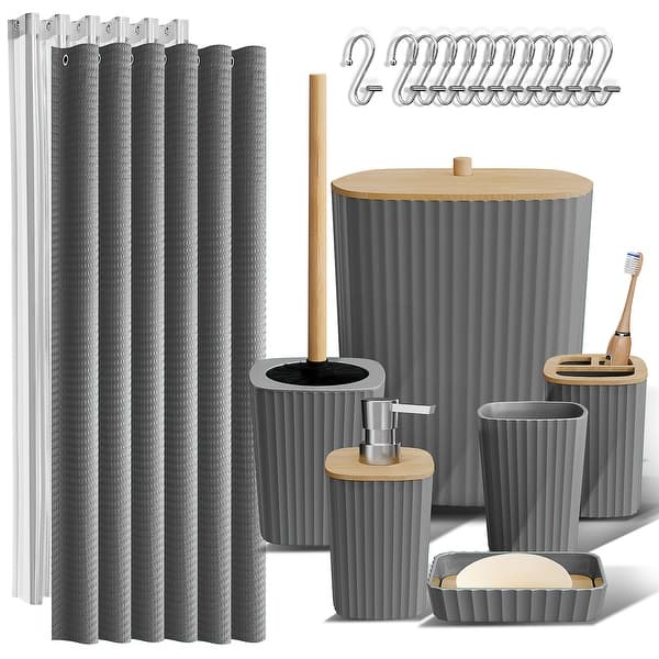Empyrean Bamboo Bathroom Accessories Set with Shower Curtain Set, Toilet Brush, Trash Can & Soap Dispenser