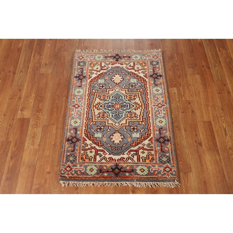 Hand Knotted Oriental 100% Wool Carpet Traditional Medallion Greys & Charcoal Heriz (serapi) Area Rug - 3' 0'' X 2' 0''