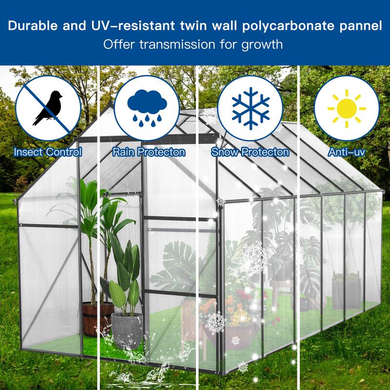 GDF Studio - Laussat Outdoor Aluminum Polycarbonate Greenhouse with Raised Base and Walk-In Design