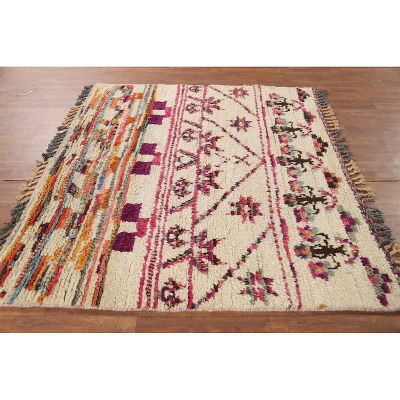 Plush Ivory Moroccan Square Rug Handmade Wool Carpet - 5'5" x 5'11"