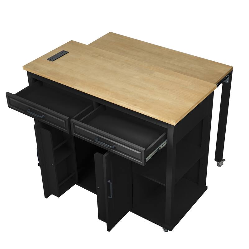 Roomfitters 47" Kitchen Island with Slide-Out Dining Table, Mobile Cart with Built-in Outlets, Internal Racks, Black