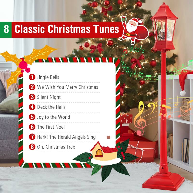 Red Musical Christmas Street Lamp with LED Lights and Snow Globe Scene for Santa or Snowman Decor - 12.5" x 12.5" x 64"