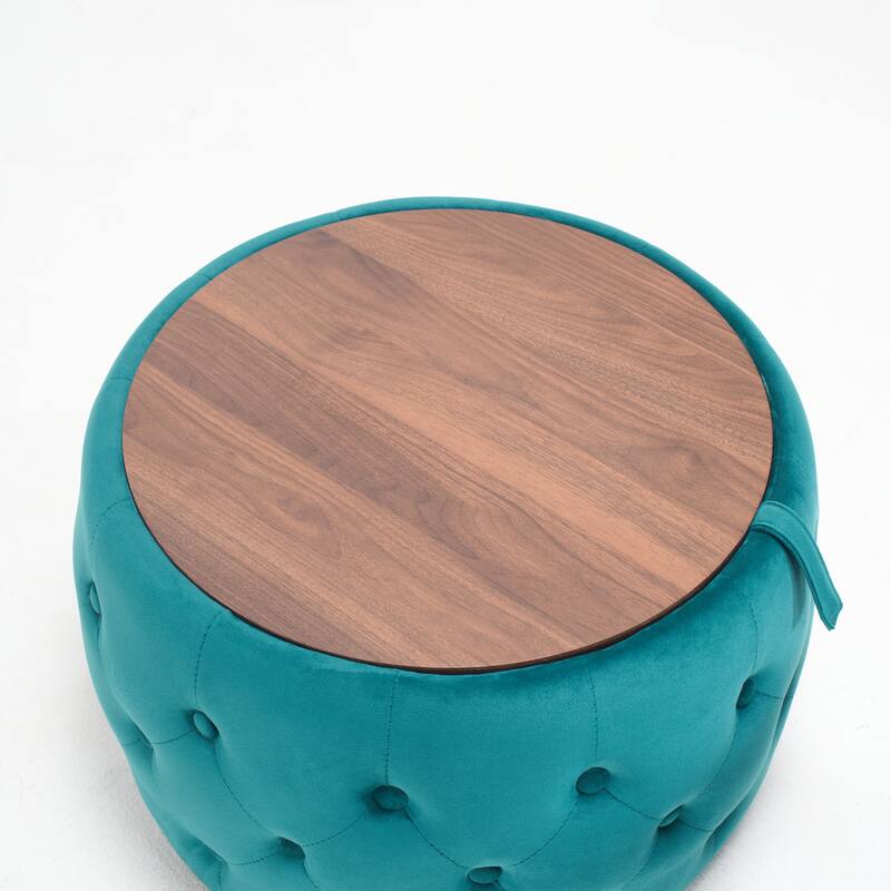 Luxurious Nesting Ottomans of 2, Round Storage Foot Stool with Wood Tray
