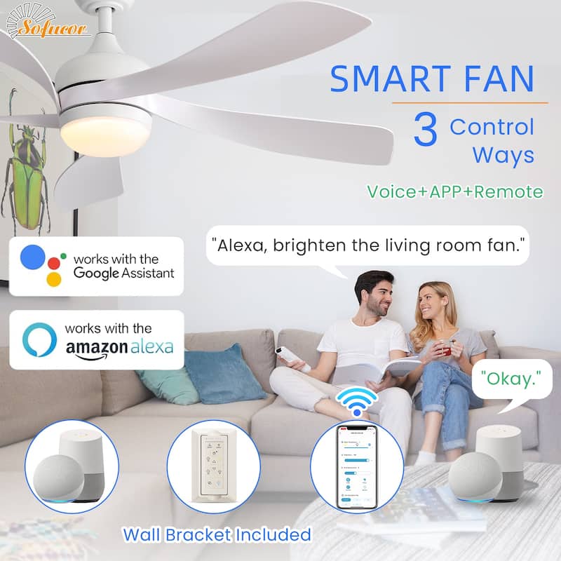 45 Inch / 52 Inch White Ceiling Fan with Dimmable LED Light and Remote, 6-Speed Reversible DC Motor, ABS Blades