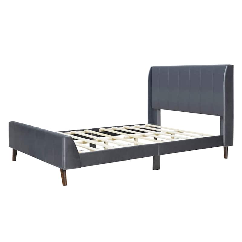 Velvet Wingback Full Bed Frame 3dimension Structure Footboard, Gray