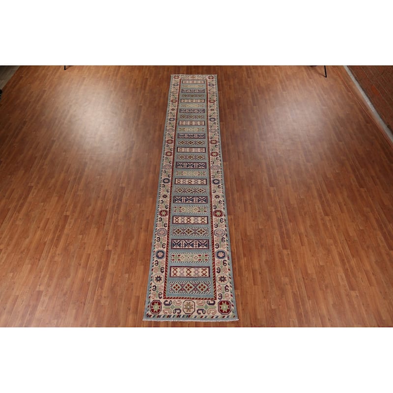 Geometric Blue Kazak Oriental Runner Rug Hand-Knotted Wool Carpet - 3'2" x 16'1"