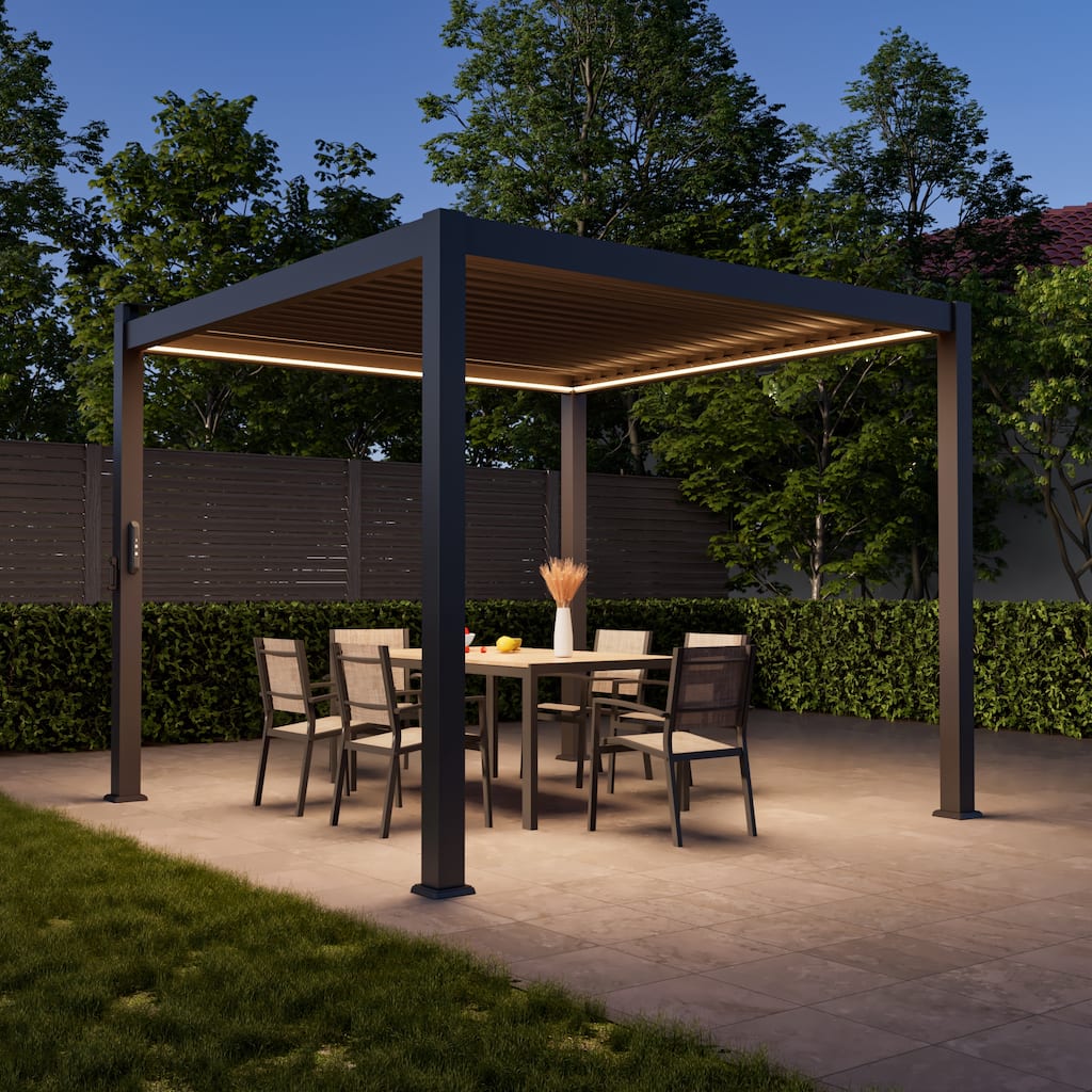 LIVOOSUN Outdoor Detachable Control Panel LED Equipped Pergola, Solar and USB Charging Options, Brown