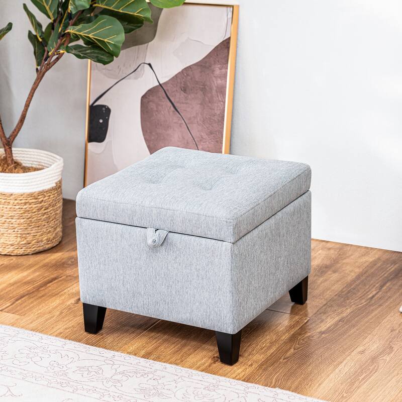 Adeco Faux Leather Tufted Flip Top Storage Ottoman - Light-Grey-Linen