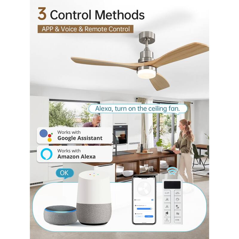 48 Inch Wood Ceiling Fan with Light and Remote/Smart App Control, Dimmable Lights Included