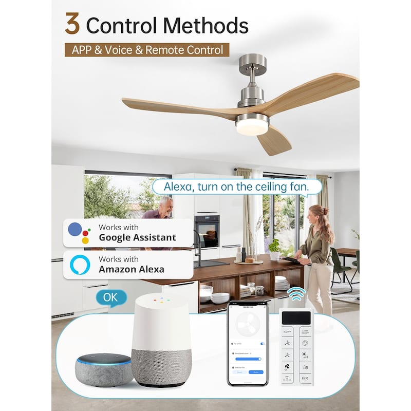 52" Solid Wood Noiseless 3-Blade Ceiling Fans with Dimmable LED Light Optional and Remote, 6-Speed Reversible DC Motor