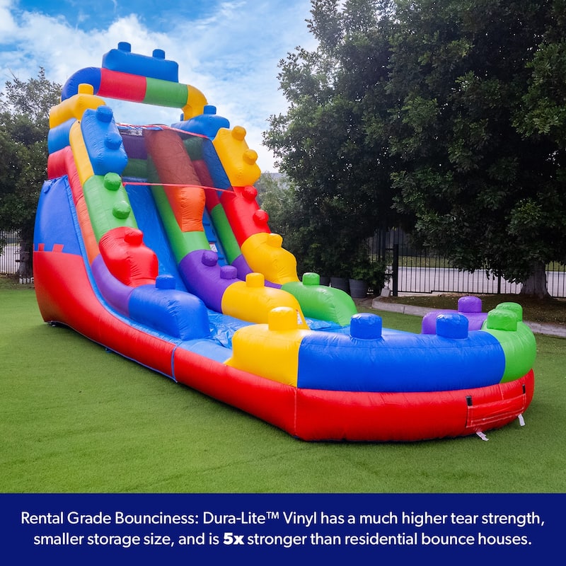 Herokiddo Block Party 16ft Tall Inflatable Water Slide with Air Blower & Attached Pool, Outdoor Play Commercial Grade Waterslide