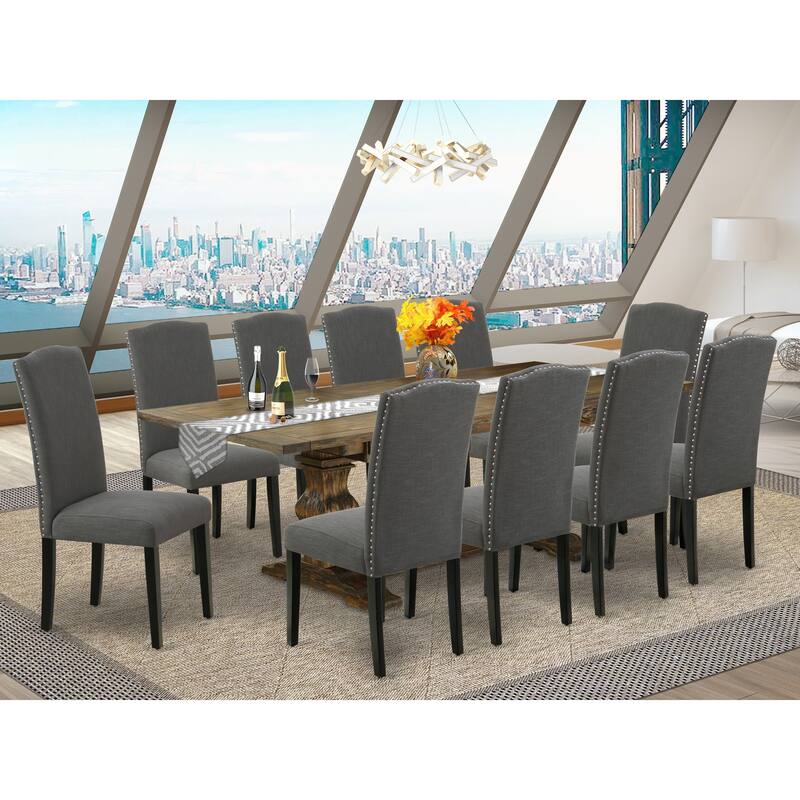 East West Furniture 11 Piece Dining Table Set- a Dinner Table and 10 Dark Gotham Linen Fabric Parson Chairs(Finish Options) - LAEN11-71-20