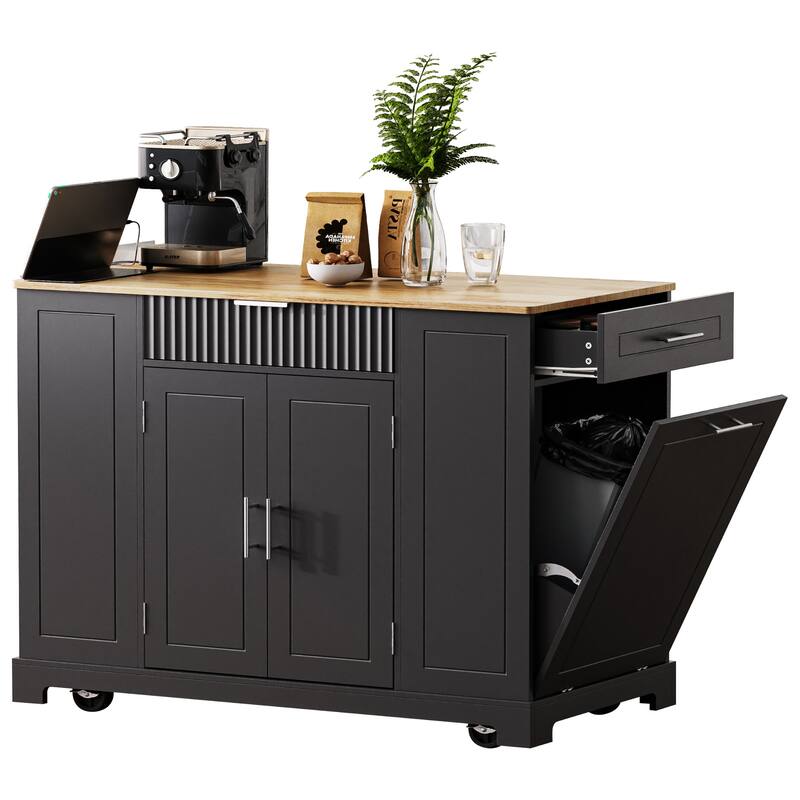 Fluted Kitchen Island with Trash Can Storage Cabinet,Power Outlet, Rolling Islands on 5 Wheels with 3 Drawer,3 Open Side Racks