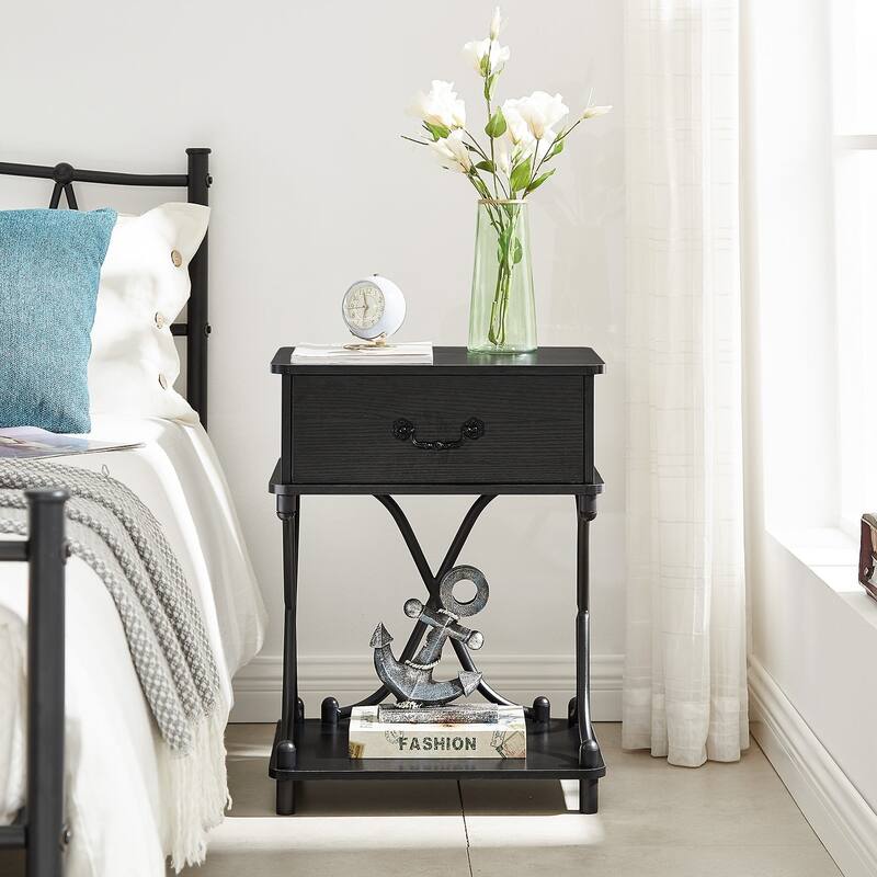 Modern 1-Drawer Nightstand with Storage Shelf, X-design End Side Table, Set of 2