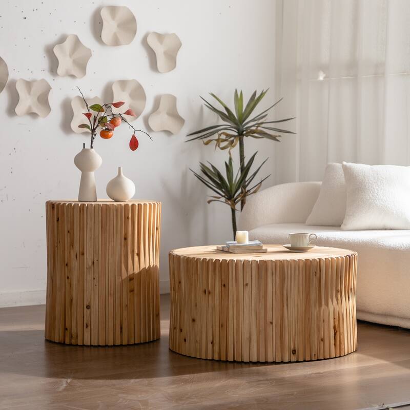 Cylindrical Coffee Table with Vertical Texture Relief Design