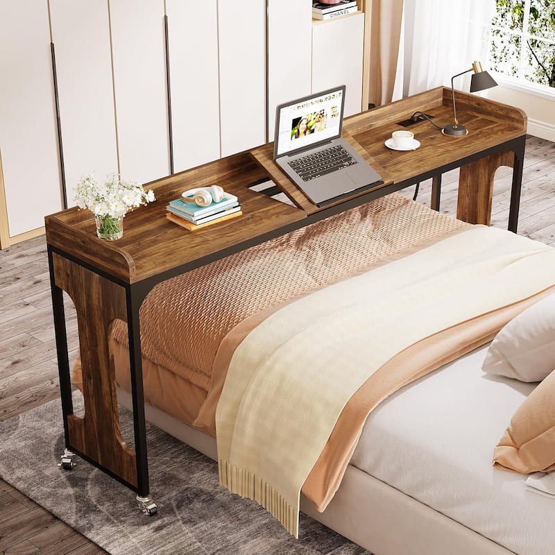 35.4" to 43.3" Height Adjustable Overbed Table with Wheels, 70.8" Queen Size Mobile Laptop Desk, Built-in Outlets & USB Ports - Rustic Brown