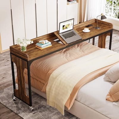 35.4" to 43.3" Height Adjustable Overbed Table with Wheels, 70.8" Queen Size Mobile Laptop Desk, Built-in Outlets & USB Ports