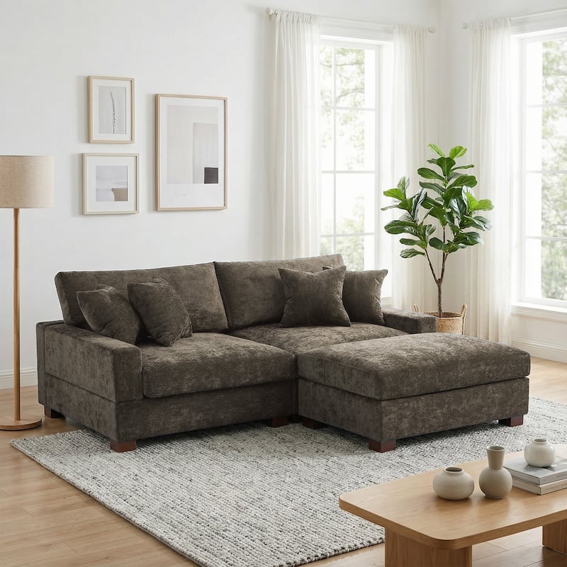 Oversized Chenille Modular Sectional Sofa Living Room Set with Ottoman - Camel/3 Piece