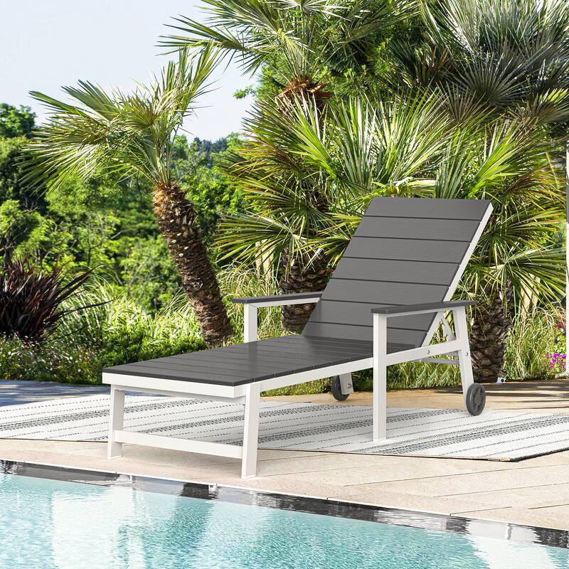 Patio HDPE Backrest Chaise Lounge Chair with Aluminum Frame, Adjustable Backrest and Wheels - Grey
