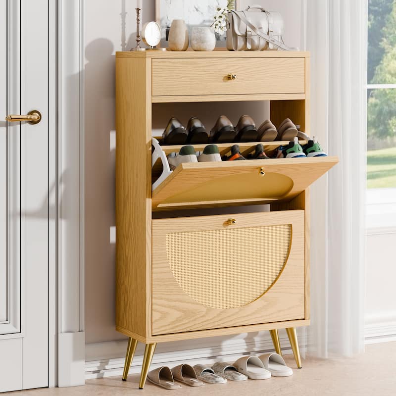 Futzca Shoe Cabinet Rattan, Shoe Storage Cabinet with 2 Flip Drawers