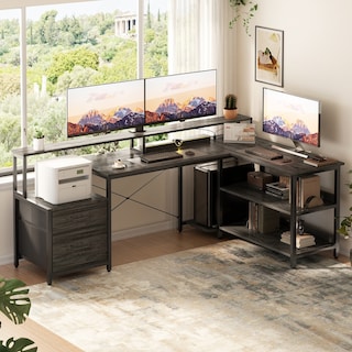 Reversible L Shaped Computer Desk with File Drawer & Monitor Stand & Power Outlet & LED Strip, Home Office Desk Corner Desk